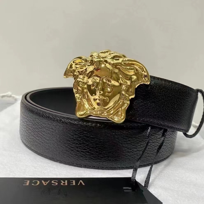 Chinese Inspection [9.9 New] Unused Versace Belt Size 105 Gold Medusa Head Pattern Pebbled Leather Width 4cm