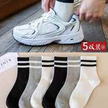 Socks for women spring and autumn mid-calf socks pure cotton deodorant with shark pants womens sports breathable striped stockings white