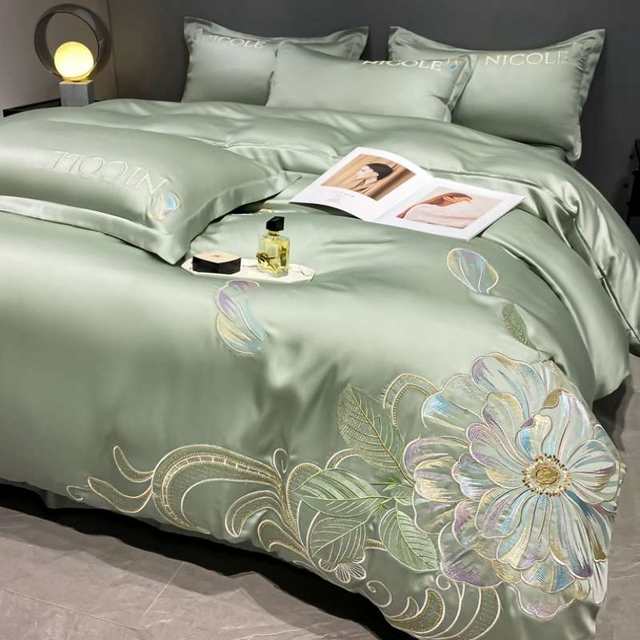 Summer washing silk bed four-piece set light luxury high-end ice silk naked sleeping silky embroidered floral quilt cover bed sheet