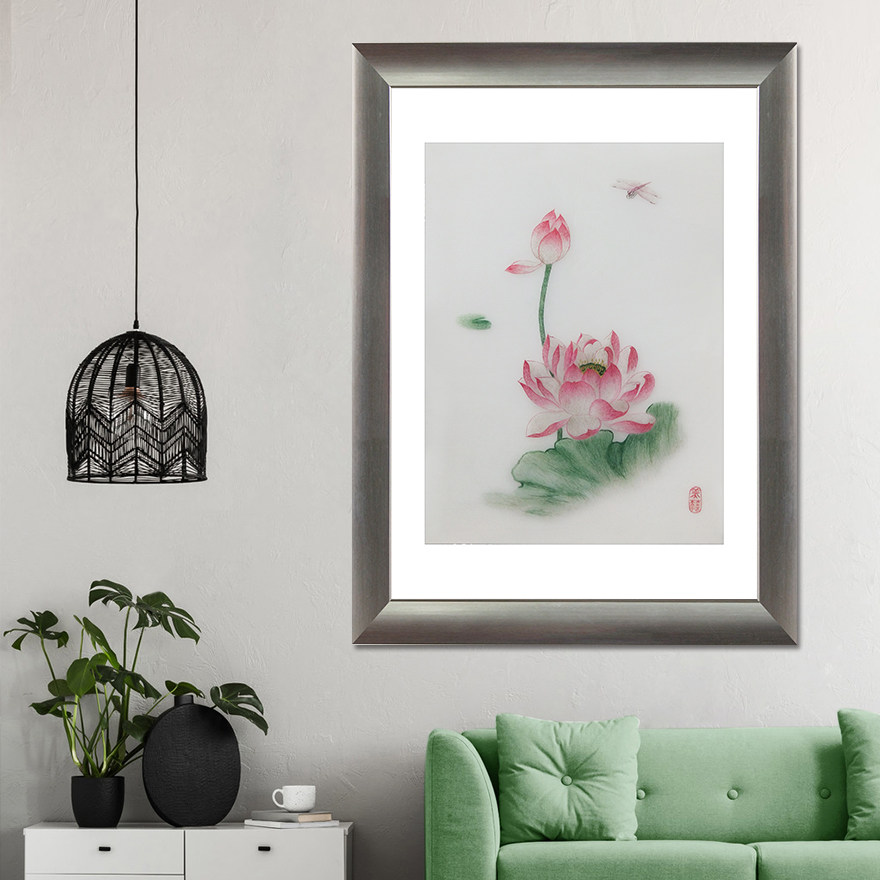 (Artisan Embroidery) pure hand embroidered living room decoration hanging painting < dragonfly lotus flower > Su embroidery real silk
