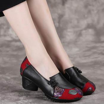 Authentic women's shoes, real new ethnic style mom leather shoes, soft sole cowhide shoes for women, thick heel leather print, middle-aged and round