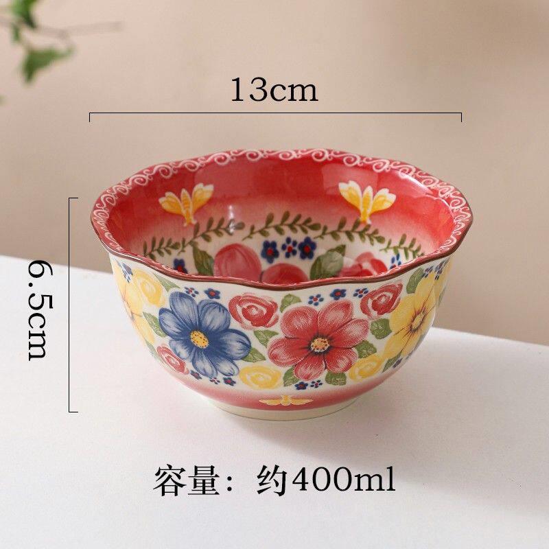 Pink 5-Inch Rice Bowls with Honey and Floral Designs, Set of Four, Underglaze Colored Ceramic Tableware