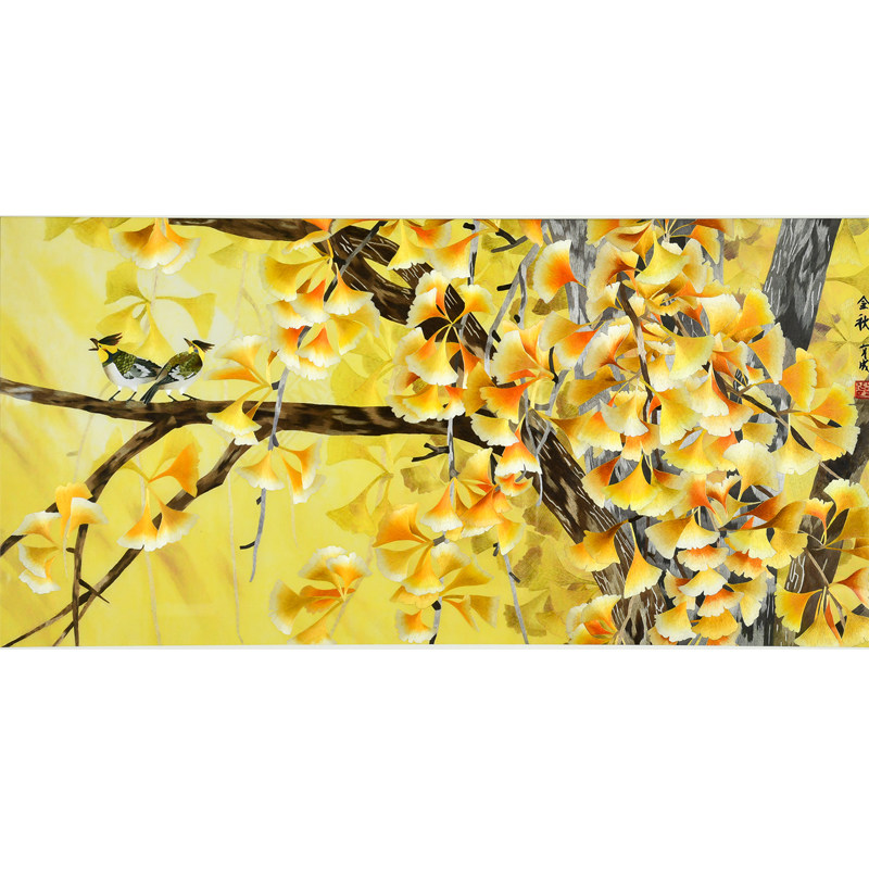 Hand embroidery Finished product Living room decoration Hanging painting New Chinese silk embroidery master Golden Autumn