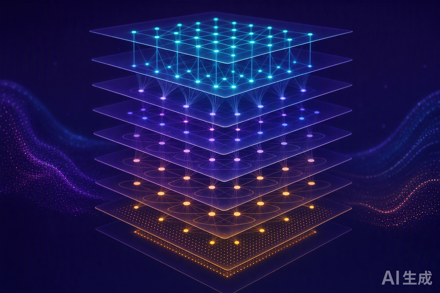 Stacked transparent neural layers with glowing connections