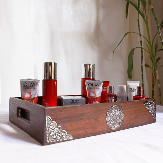 Thai storage box household desktop snacks cosmetics miscellaneous items sorting box solid wood fruit plate retro storage box