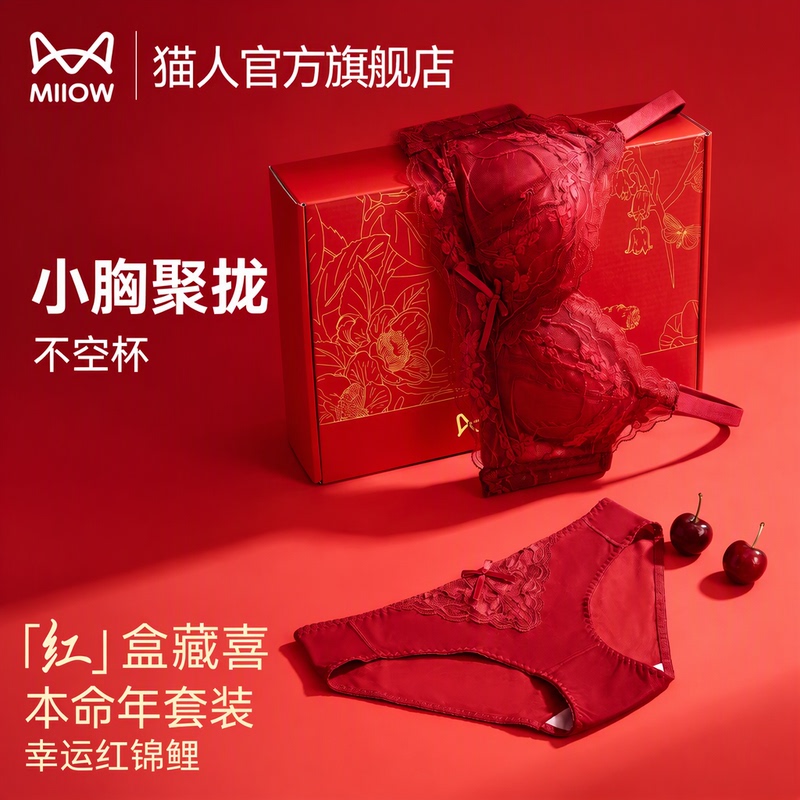 Red Lace Bra and Panties Set for Women, Small Bust, Push-Up, No Empty Cups, Bridal Gift Box Red Lace Bra and Panties Set for Women, Small Bust, Push-Up, No Empty Cups, Bridal Gift Box