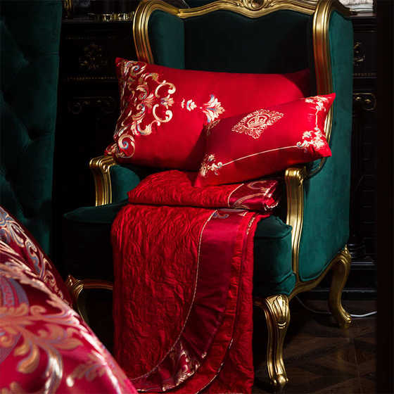 床上用品四件套高档欧式婚庆贡缎提花大红色喜庆被套结婚多件套