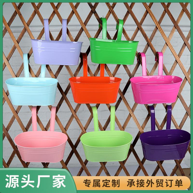 Cross-Border Detachable Double-Hook Oval Flower Pot Balcony Railing Fence Dual-Purpose Hanging Metal Flower Pot Hanging Bucket