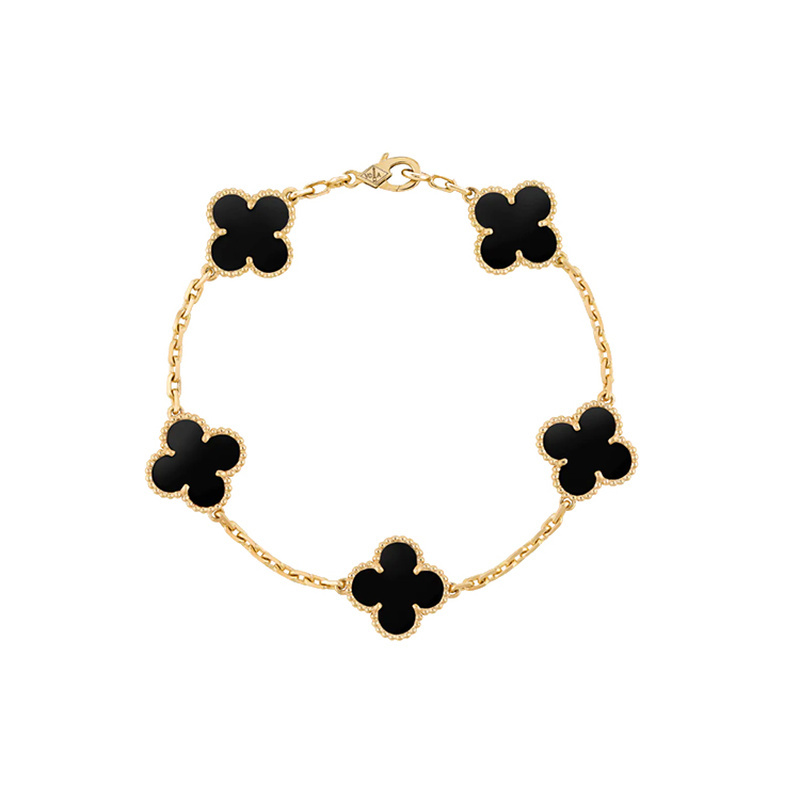 9.9/9.8 New Van Cleef & Arpels Five-Leaf Clover Black Onyx 18K Gold Bracelet for Women, Black Color