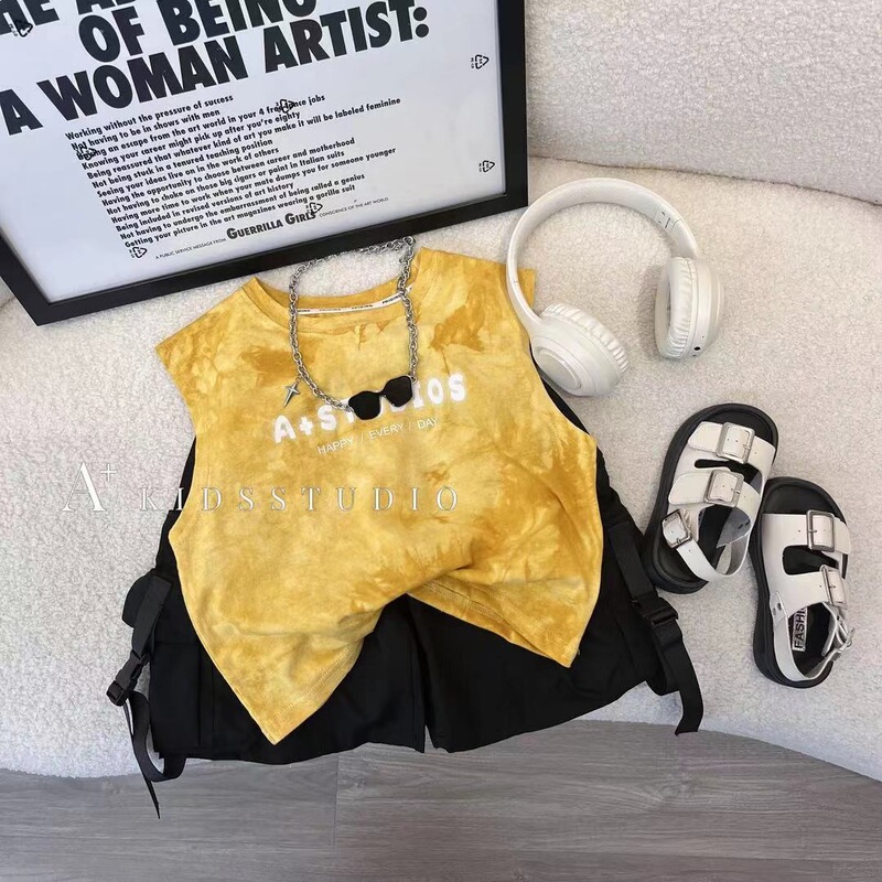 Children's 2026 Summer New Style Yellow Tie-Dye Cotton Trendy Sleeveless Vest for Boys and Toddlers Trendy Top