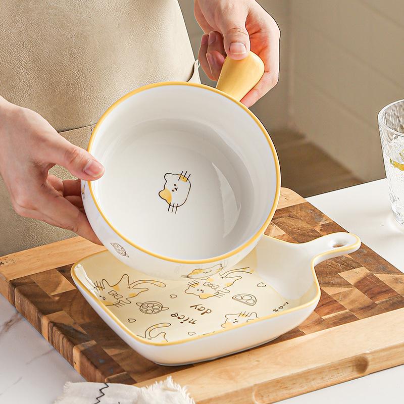 2-Piece Set of Ceramic Baking Dishes with Handles for Home Oven Use, Breakfast Steak Plates, Western-Style Plates, Instant Noodle Bowls, Cute