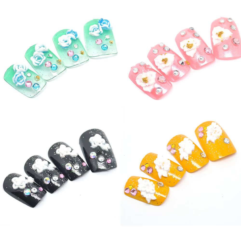 美甲成品指甲片带胶水3D雕花新娘假指甲贴片全贴中长款12片/盒