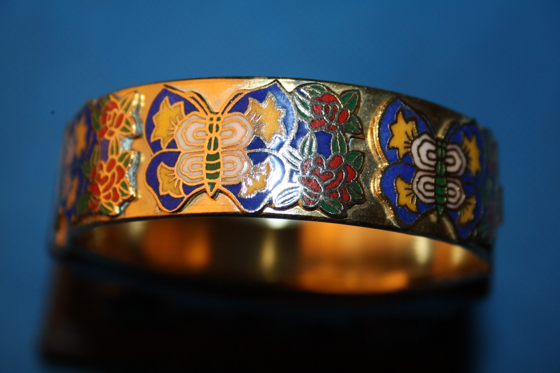 80s Foreign Trade Export Old View Thai Blue Wide Side Floral Butterfly Fashion Bracelet Old Jingtai Blue Floral Bracelet