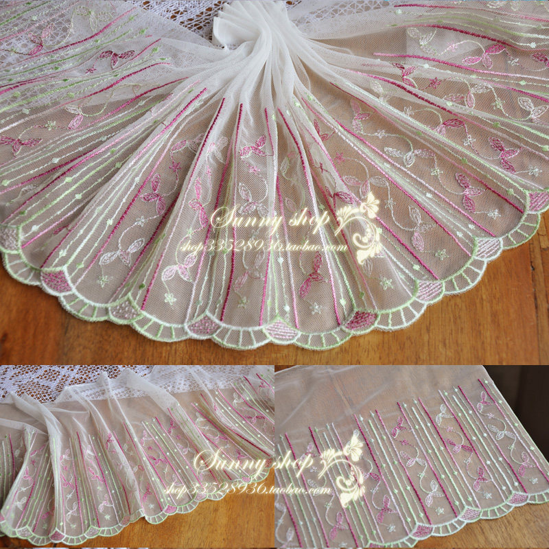 Clothing fabric 22cm wide pink green mesh embroidery lace HB14022541 3 yuan m