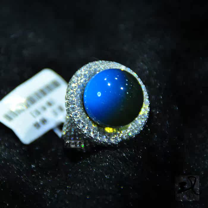 修明堂 天然墨西哥净水篮蓝珀圆珠戒指 蓝琥珀指环女 奢华大气款