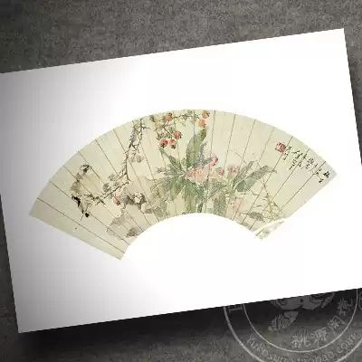 Ren Xun Qiu flower habitat bird figure fan Chinese painting traditional flower and bird ink freehand postcard ancient style postcard