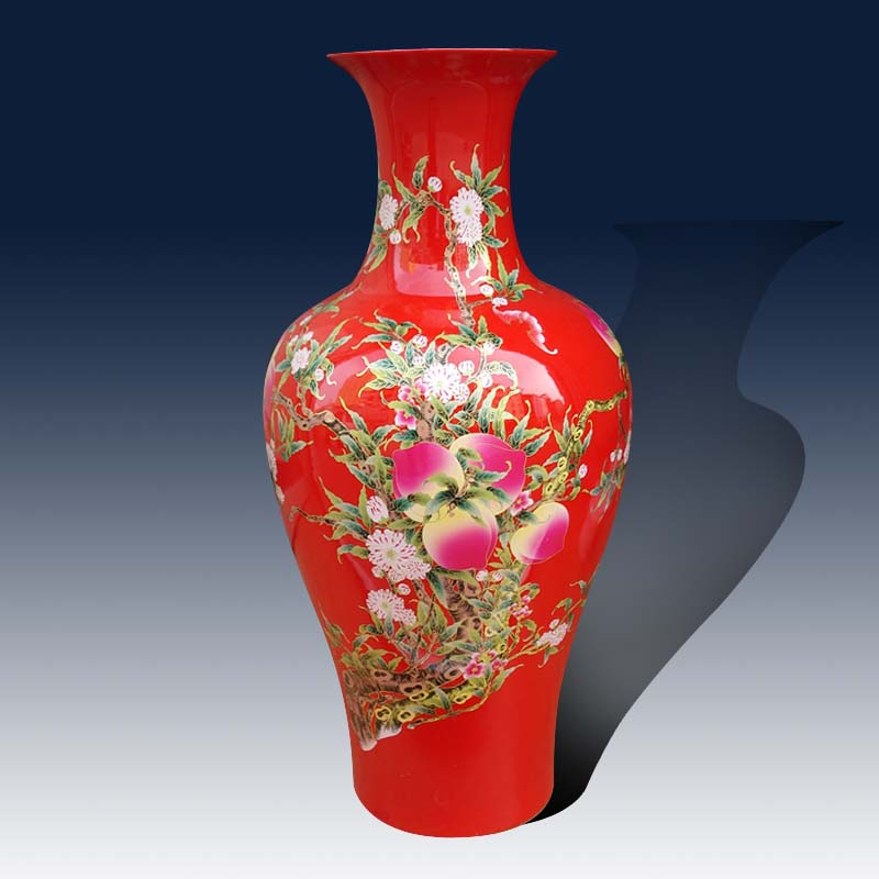 Jingdezhen ceramic big red fairy peach flower vase elders make high-end gifts for birthday big red pastel festive vase