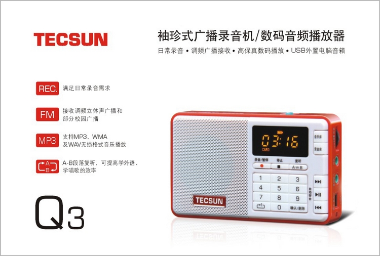 Tecsun Dern Q3 FM radio MP3 plug-in speaker recording mini-charging lithium battery elderly