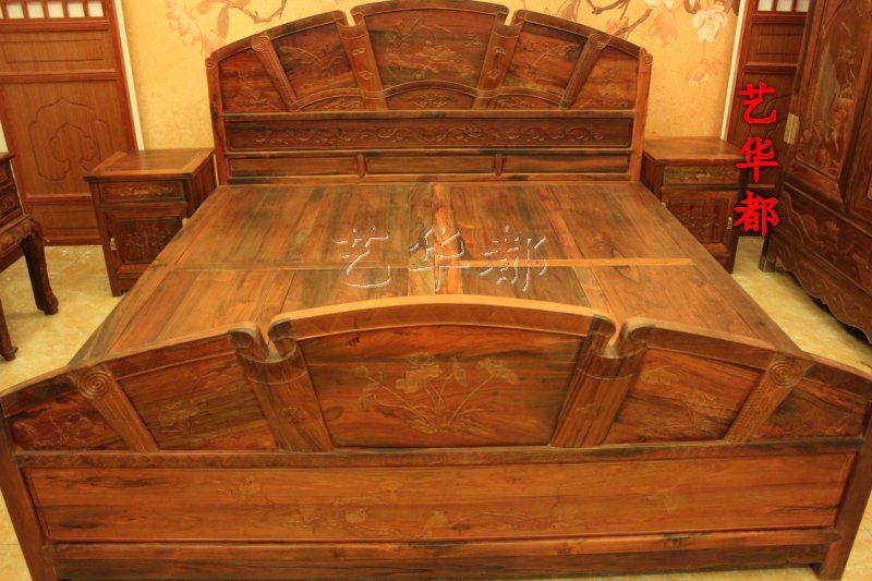 Fairy Tours Red Wood Furniture Lao Tai Red Acid Branches Fan-style Yuanyang Drama Water Couple Bed Solid Wood Clear Furniture