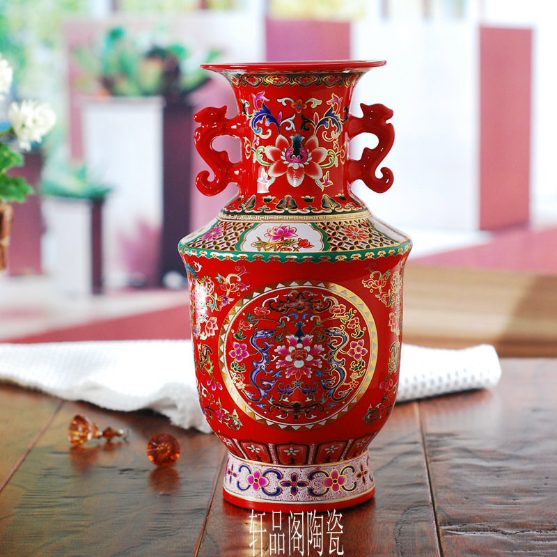 Jingdezhen Chinese Red Drawing Gold Double Ear Classical Vase Admiralty Vase Home Furnishings