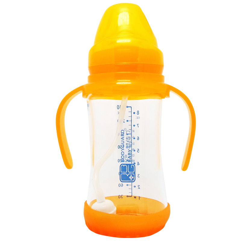 婴侍卫宽口径奶瓶带柄吸管弧形玻璃奶瓶可高温蒸煮消毒240ml