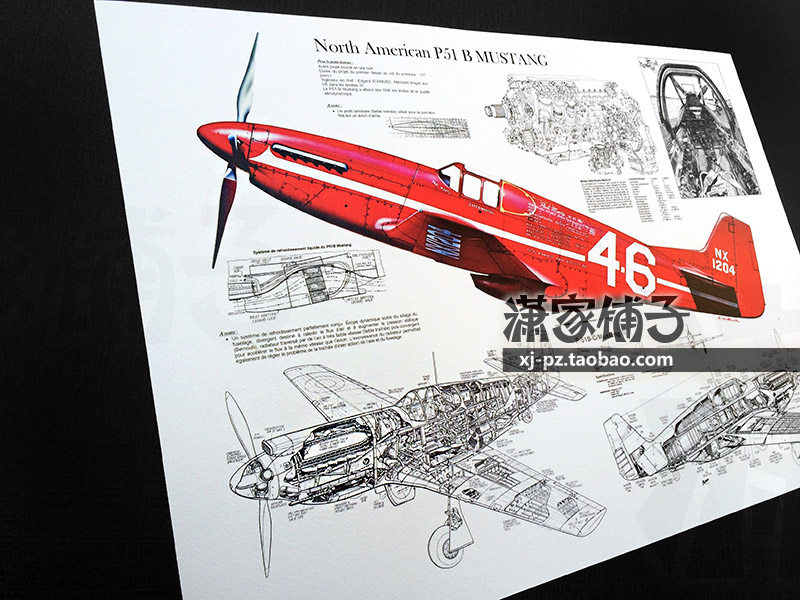 U.S. World War II U.S. P51 Mustang Fighter Aircraft Drawing Blueprint Structure Drawing Poster Decorative Painting