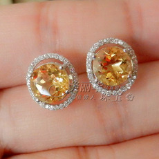 Серьги 圆形招财运天然黄水晶耳钉女款耳饰925纯银时尚气质宝石耳环围钻