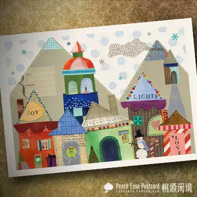 Colorful Christmas town collage Christmas card blessing New Year postcard