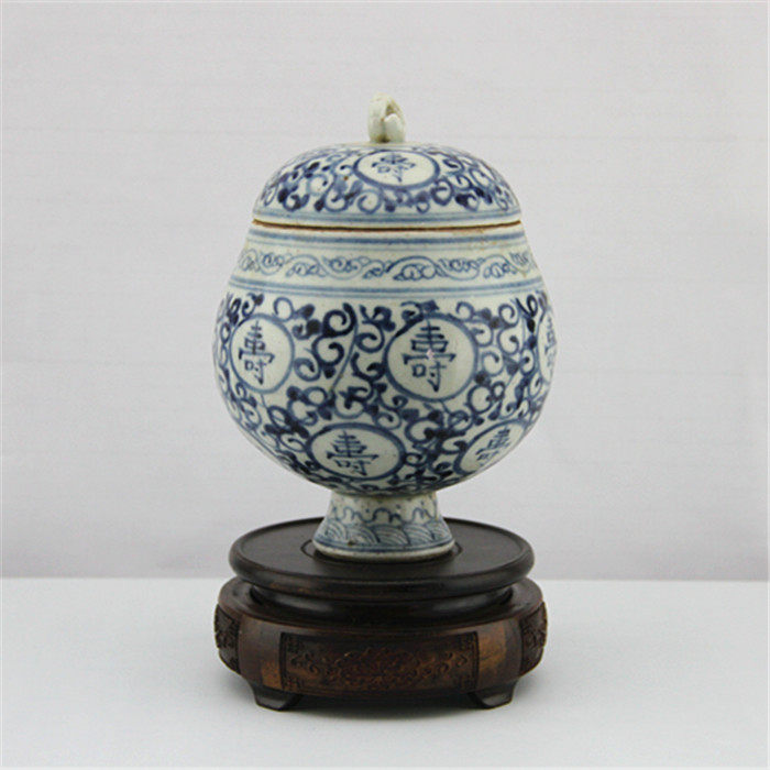 Ming Quan hand painting blue and white shou character figure high foot lid jar tea pot Jingdezhen antique porcelain collection antiques