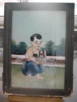 National pastel painting gold beautiful glass painting cute doll holding a little lion dog 44*59 1