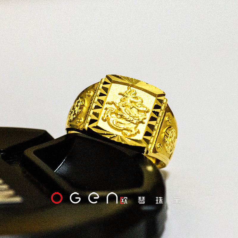 (OGEN Ouqin Jewelry) 999 Foot Gold 24K Gold Boutique Zodiac Dragon Live Mouth Men's Square Ring