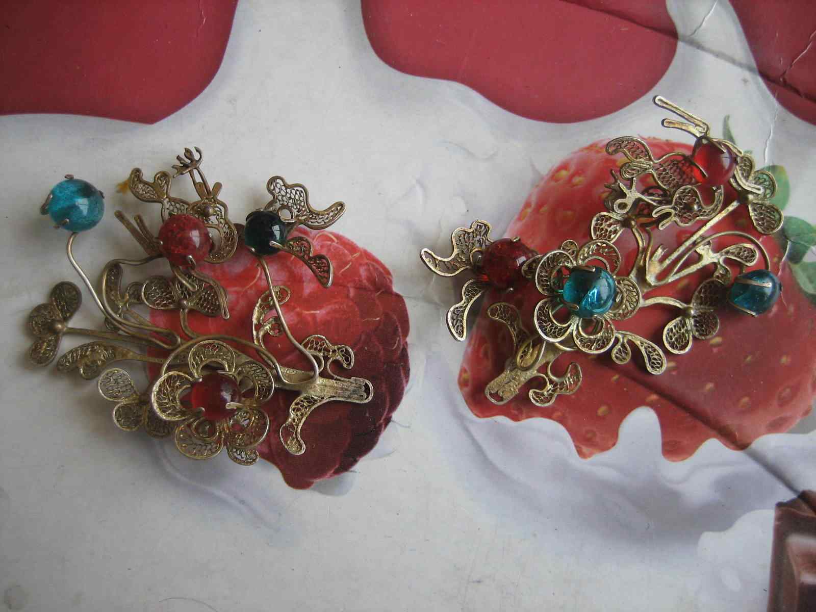 銀質 細工掐絲宝石象嵌 中国古玩 清時代古美術 - 工芸品