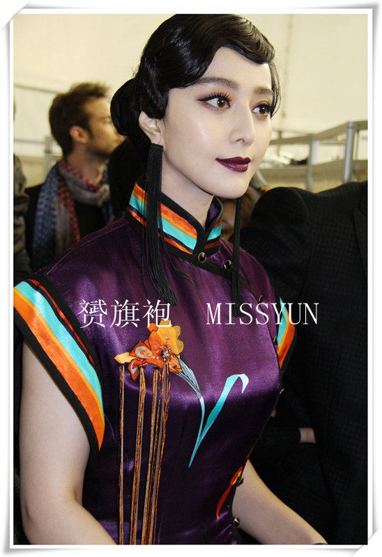 Customized Fan Bingbing star dark purple gorgeous flower heavy silk hand-painted cheongsam fashion dress