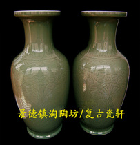 Jingdezhen Cultural Revolution porcelain factory goods porcelain original nation-building porcelain factory firewood kiln fired single color glazed dark engraving large vase pair