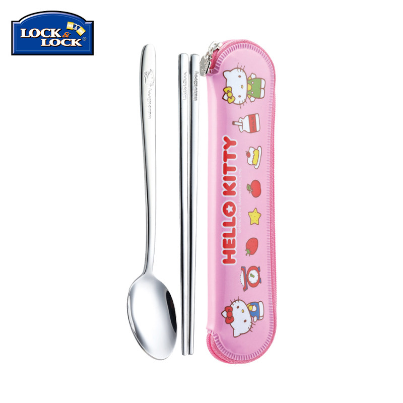 Korean Music Buckle Hello Kitty Baby Cutlery Series Stainless Steel Spoon Chopsticks Set Pink