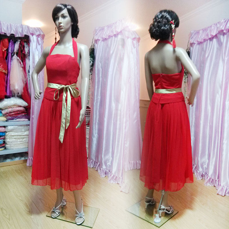 Gown Korean version bride hanging neck style red snow spinning toast with gold belt