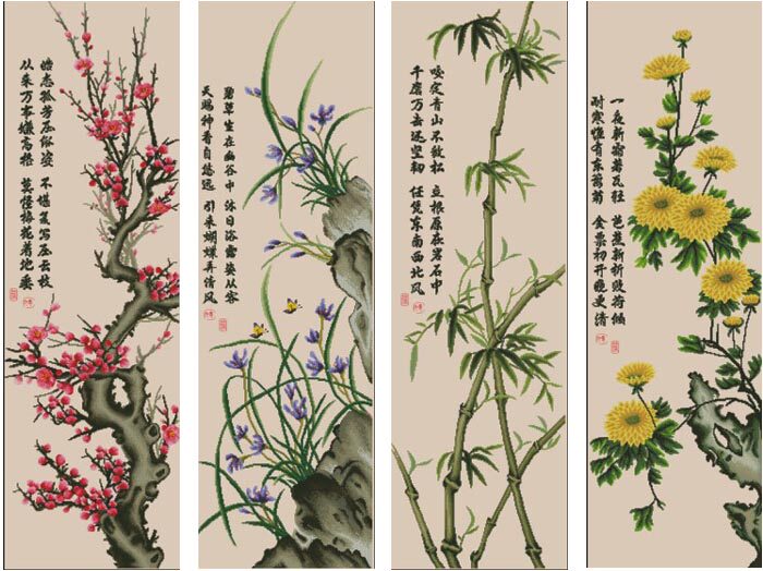 Hu Lili Cross Stitch DMC Kit Plum Orchid Bamboo Chrysanthemum Ancient Scroll Version Full Set With 3D 5D Precision Printing Cloth