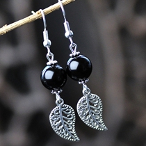 Retro Chinese style national jewelry original natural black agate Miao silver earrings female long Korean earrings