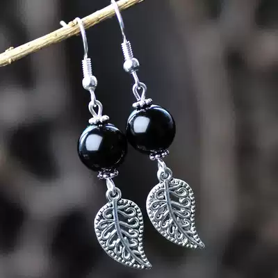 Retro Chinese style national jewelry original natural black agate silver earrings female long version Korean earrings