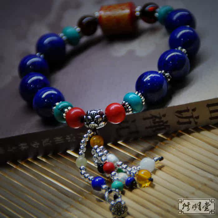 修明堂 帝王青金石佛珠女手链 原创手工复古经典女手串 朱砂心经