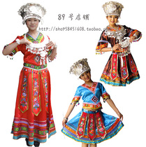 Miao and Dong dance costumes performance uniforms silver headwear hats silver collars bridal dresses womens embroidery streamer skirts