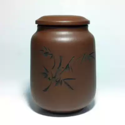 Yixing purple clay teapot clean cement carved tea jar sketch storage tank storage tank Pu'er tea set collection