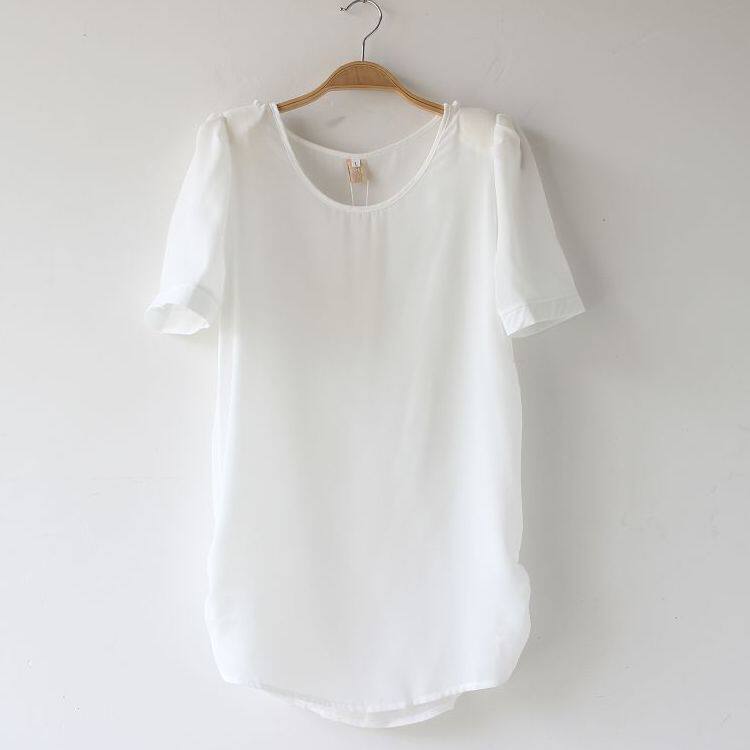 2022 summer dress new Korean version women's white natural folds thin round neck short-sleeved chiffon shirt women's top