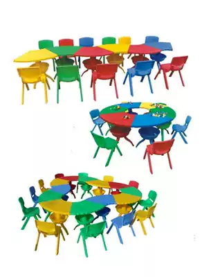 Kindergarten special desks and chairs Round baby 6-piece pool table Plastic game baby tables and chairs Children's tables