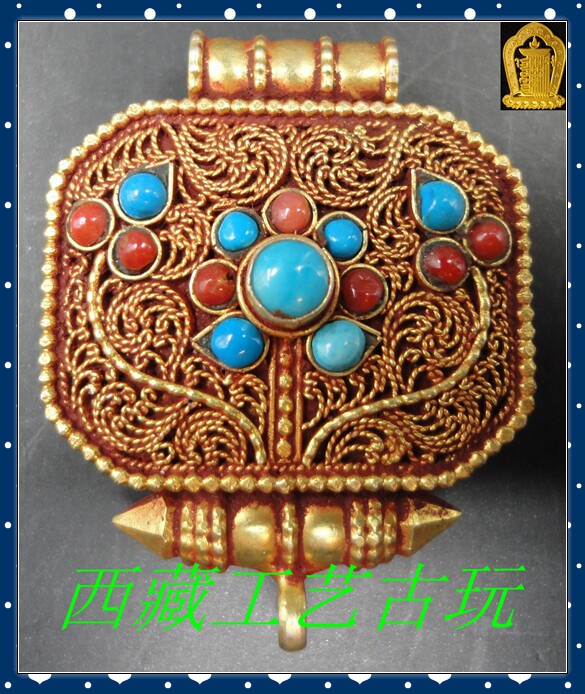 Tibet Nepal Process of pure silver - thrilled gold - inlaid turquoise gawu box pendant