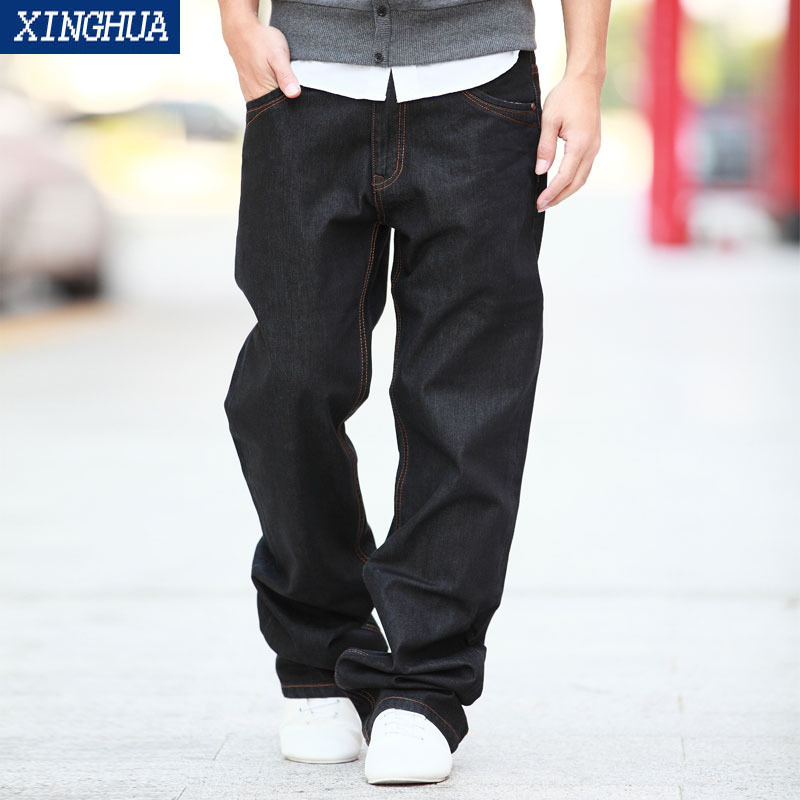 Zengli Autumn Black Jeans for Men, Extra Long, Loose Straight Leg, Wide Leg Opening, Plus Size, Pure Cotton, Ultra-Thin Style