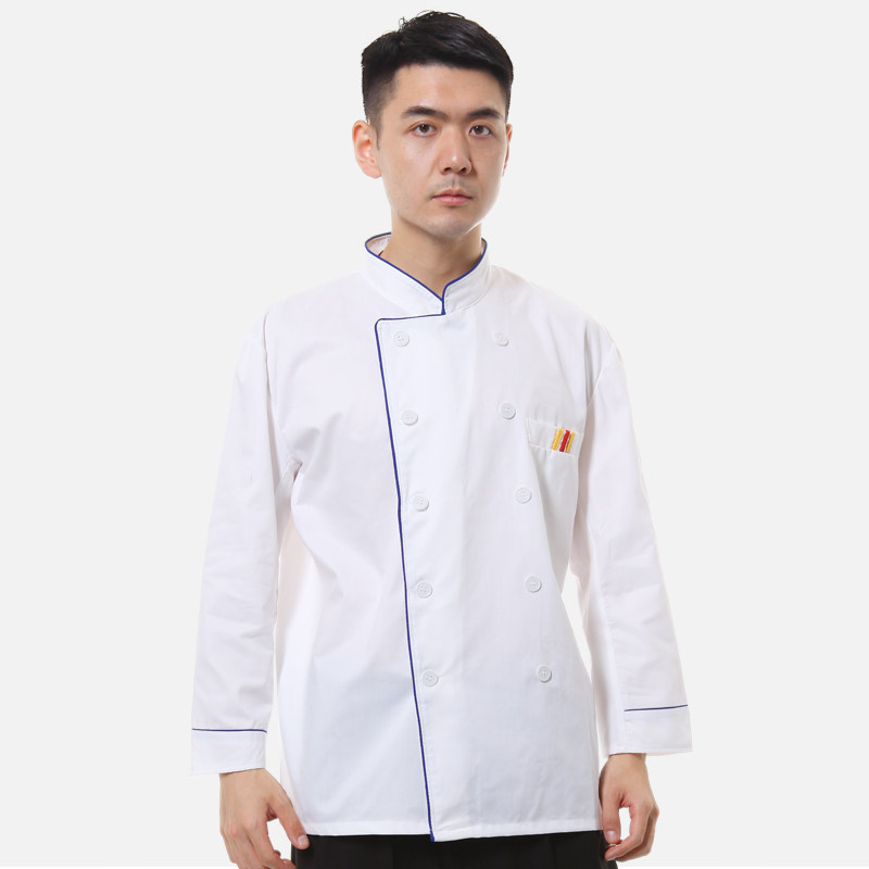 Winter hotel hotel chef clothing long-sleeved white overalls work fashion blue edge tops large size chef tops
