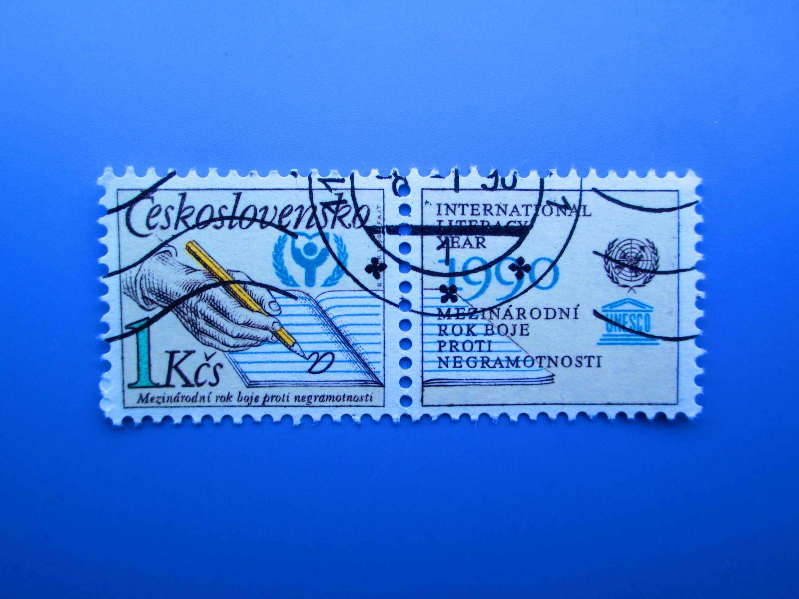 Foreign Stamp Czechoslovakia International Year of Literacy 1990 with attached ticket cancellation 1 all-written hand