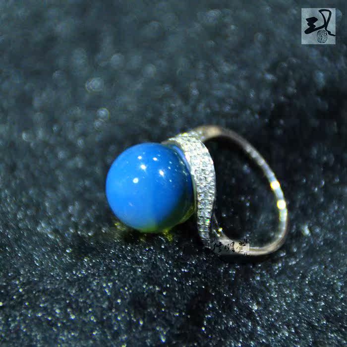 修明堂 天然墨西哥净水蓝蓝珀 12mm圆珠 纯银镶钻蓝珀女款戒指