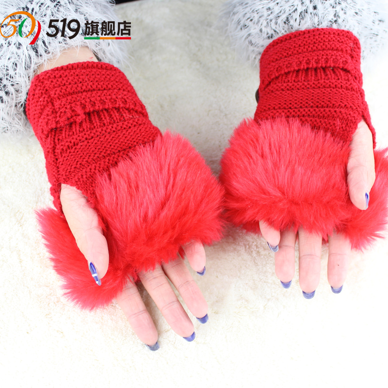 519 Lovely Ladies Imitation Rabbit Hair Thickened Winter Warm Gloves Wool Half Finger Gloves